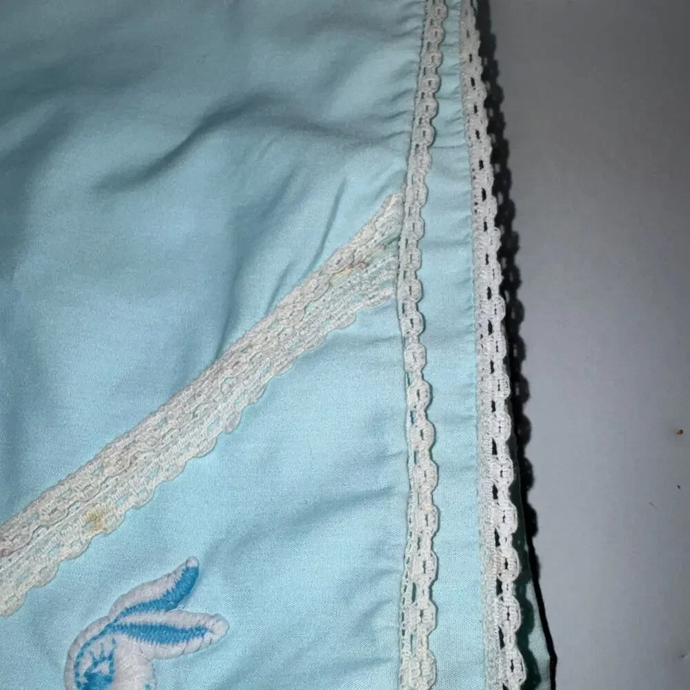 Vtg 60s 70s Baby Blanket Blue Embroidered Bunny Crochet Lace Cottagecore 43x39”